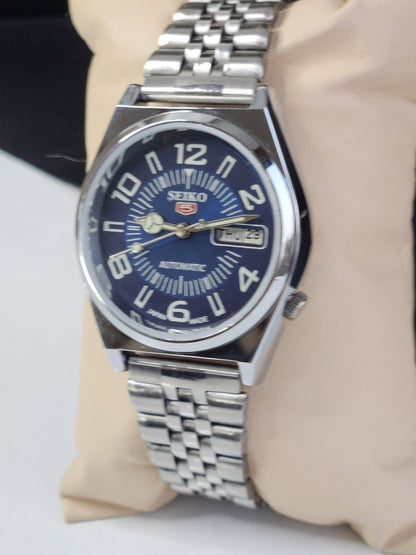 Vintage Mod Seiko 5 Automatic 6309A 17 Jewels Japan Men's Day-Date Blue Face Wrist Watch E16