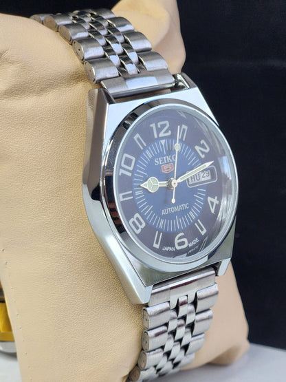 Vintage Mod Seiko 5 Automatic 6309A 17 Jewels Japan Men's Day-Date Blue Face Wrist Watch E16