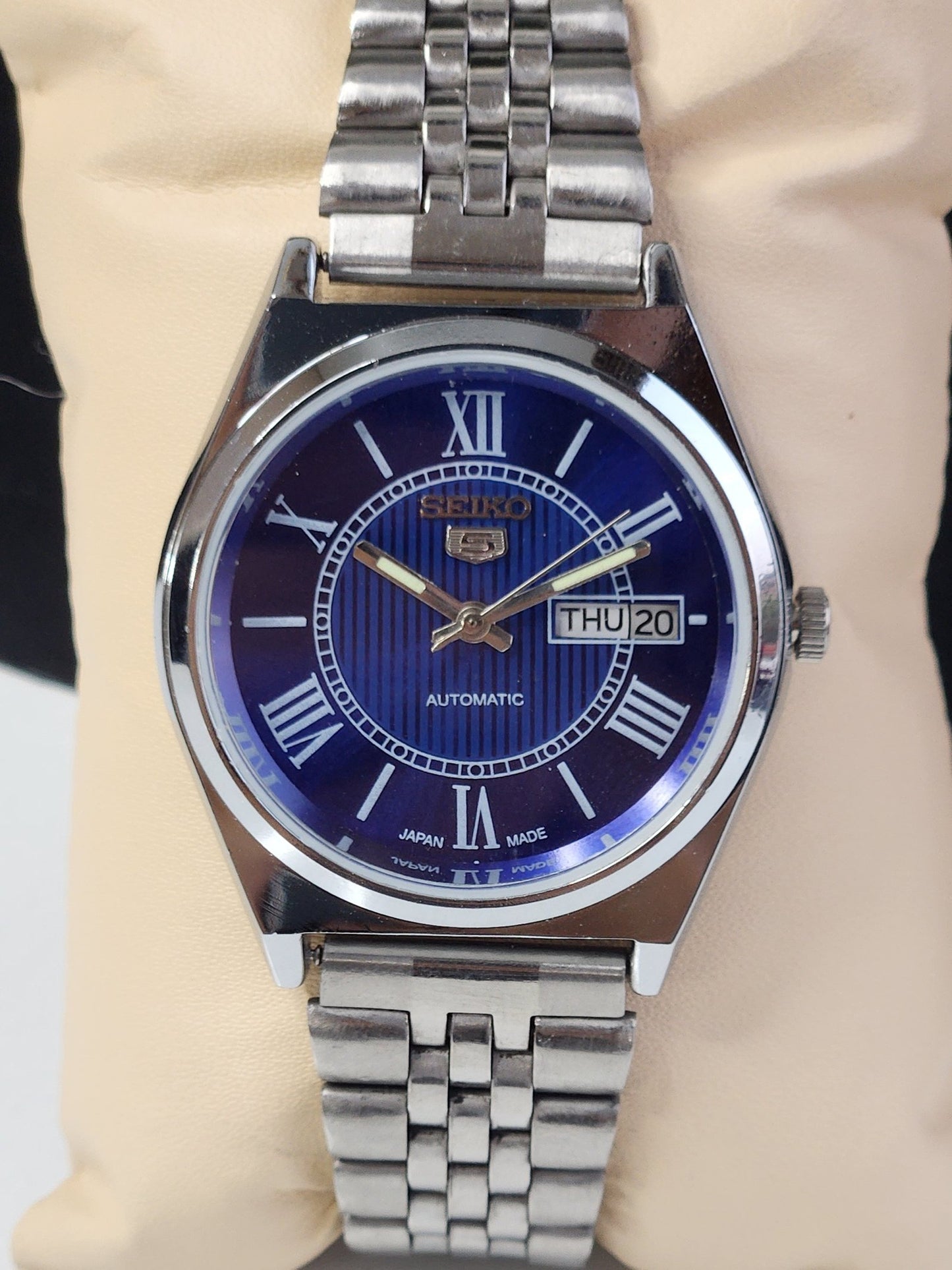 Vintage Mod Seiko 5 Automatic 6309A 17 Jewels Japan Men's Day-Date Blue Face Wrist Watch E17