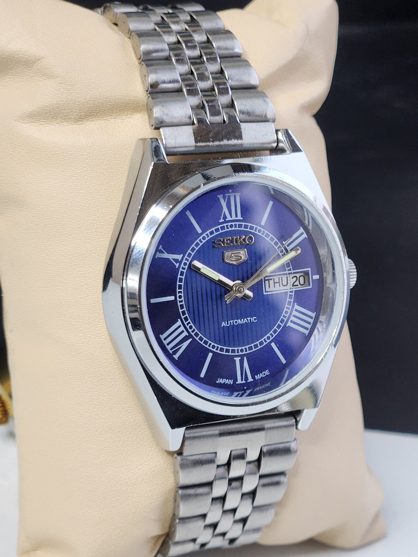Vintage Mod Seiko 5 Automatic 6309A 17 Jewels Japan Men's Day-Date Blue Face Wrist Watch E17