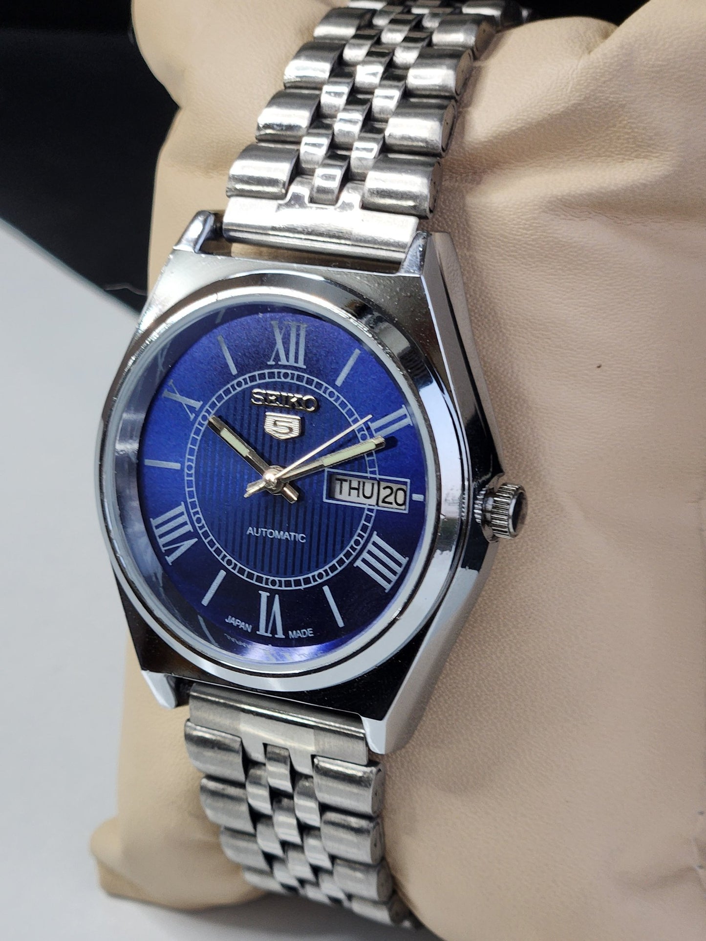 Vintage Mod Seiko 5 Automatic 6309A 17 Jewels Japan Men's Day-Date Blue Face Wrist Watch E17