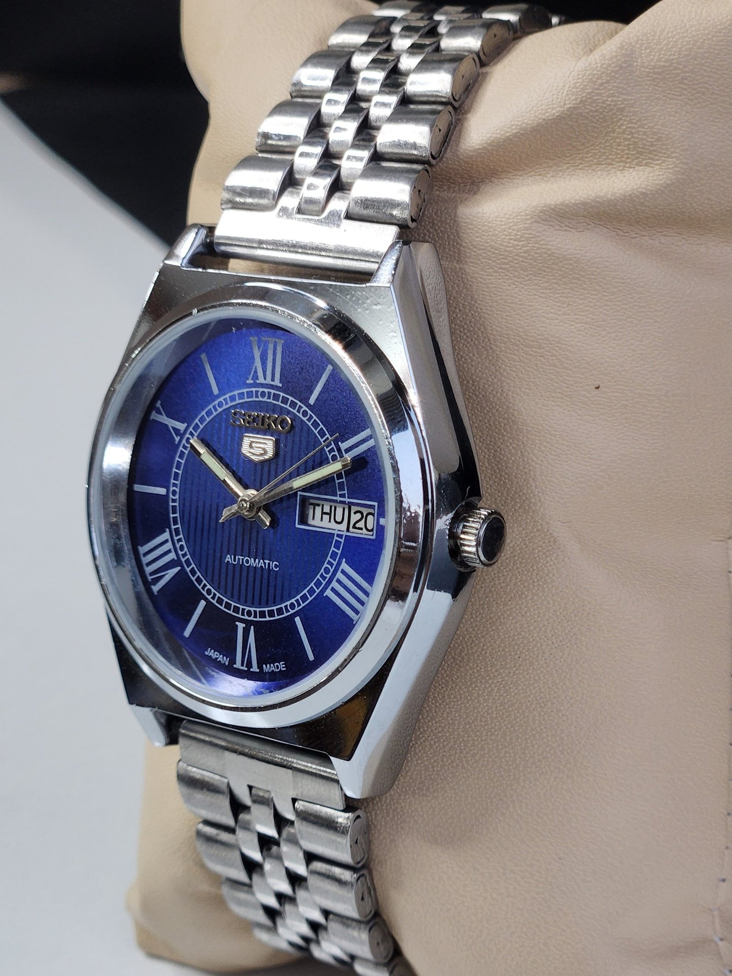 Vintage Mod Seiko 5 Automatic 6309A 17 Jewels Japan Men's Day-Date Blue Face Wrist Watch E17