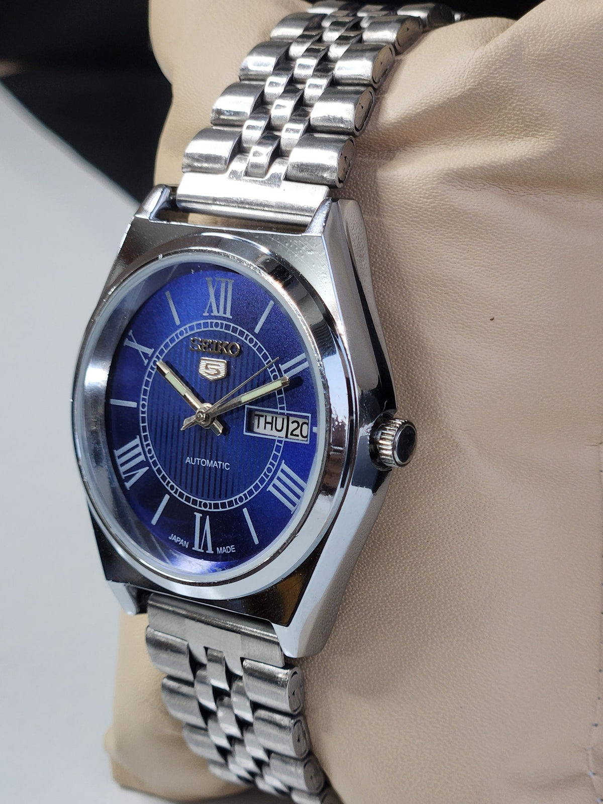 Vintage Mod Seiko 5 Automatic 6309A 17 Jewels Japan Men's Day-Date Blue Face Wrist Watch E17