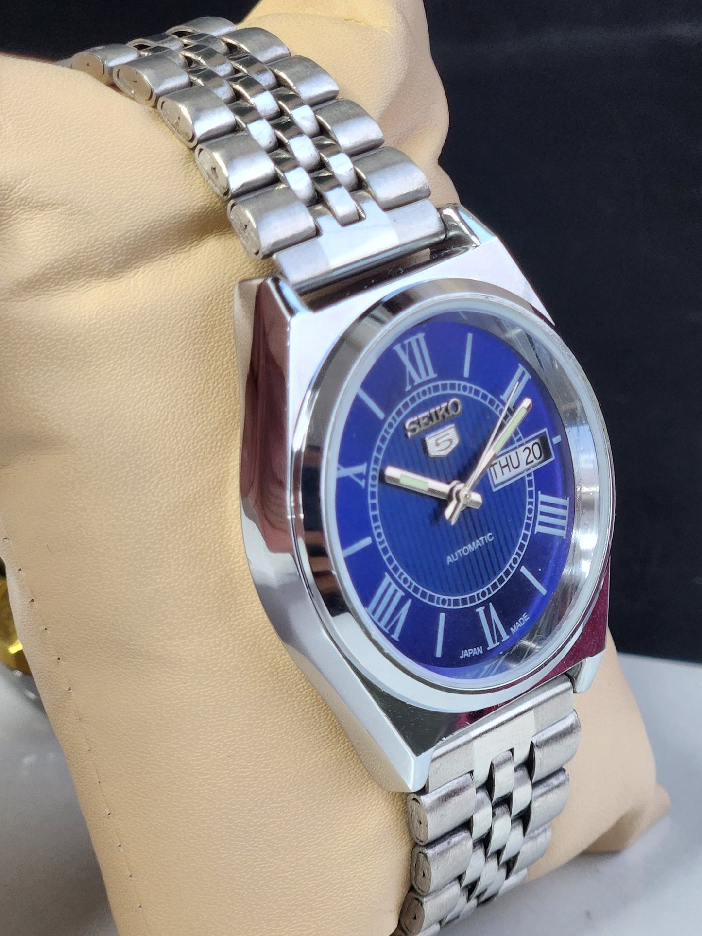 Vintage Mod Seiko 5 Automatic 6309A 17 Jewels Japan Men's Day-Date Blue Face Wrist Watch E17