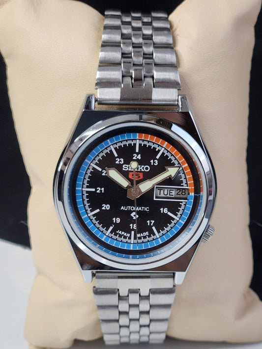 Vintage Mod Seiko 5 Automatic 6309A 17 Jewels Japan Men's Day-Date Black Face Wrist Watch E19
