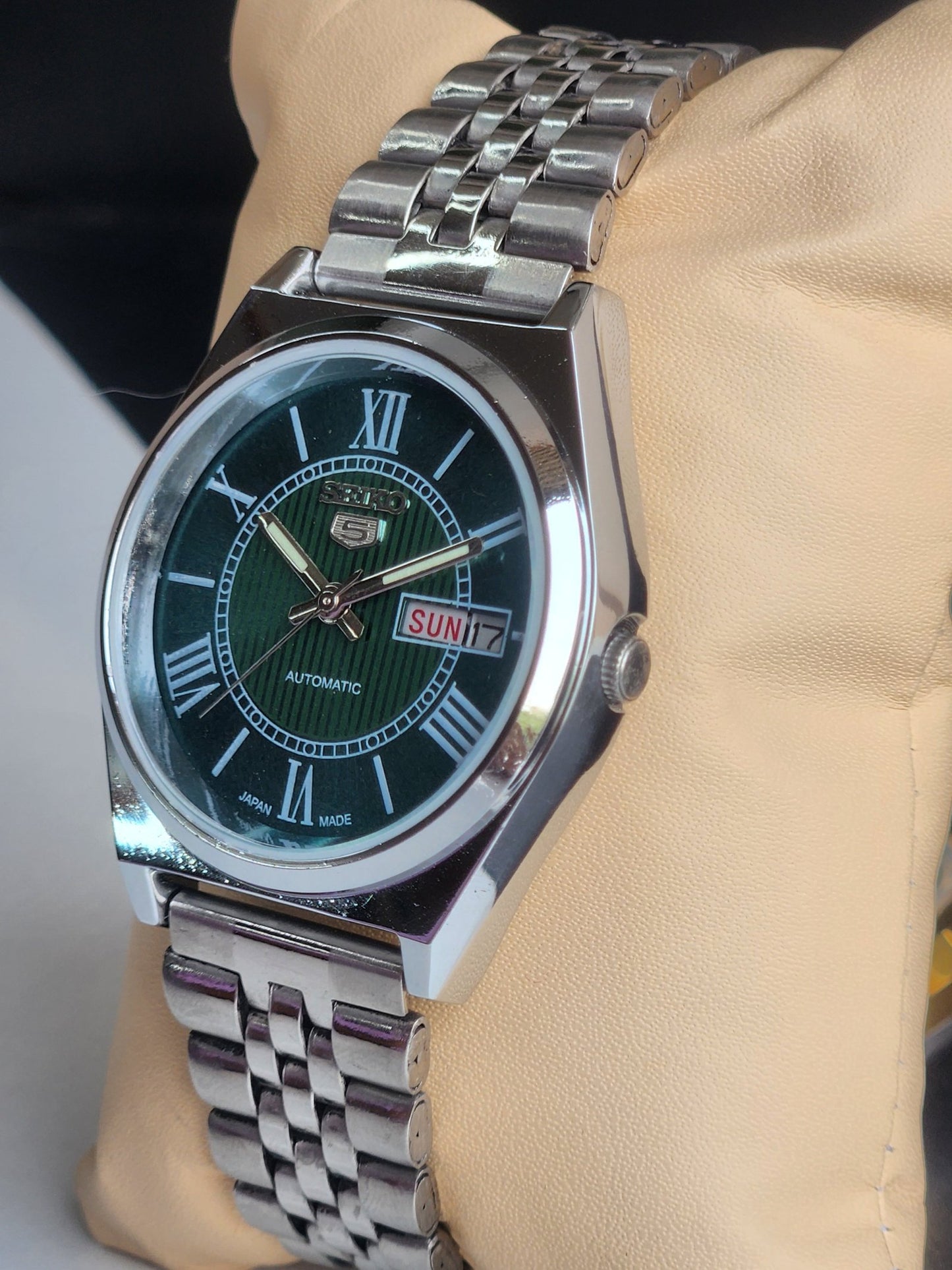 Vintage Mod Seiko 5 Automatic 6309A 17 Jewels Japan Men's Day-Date Green Face Wrist Watch E22