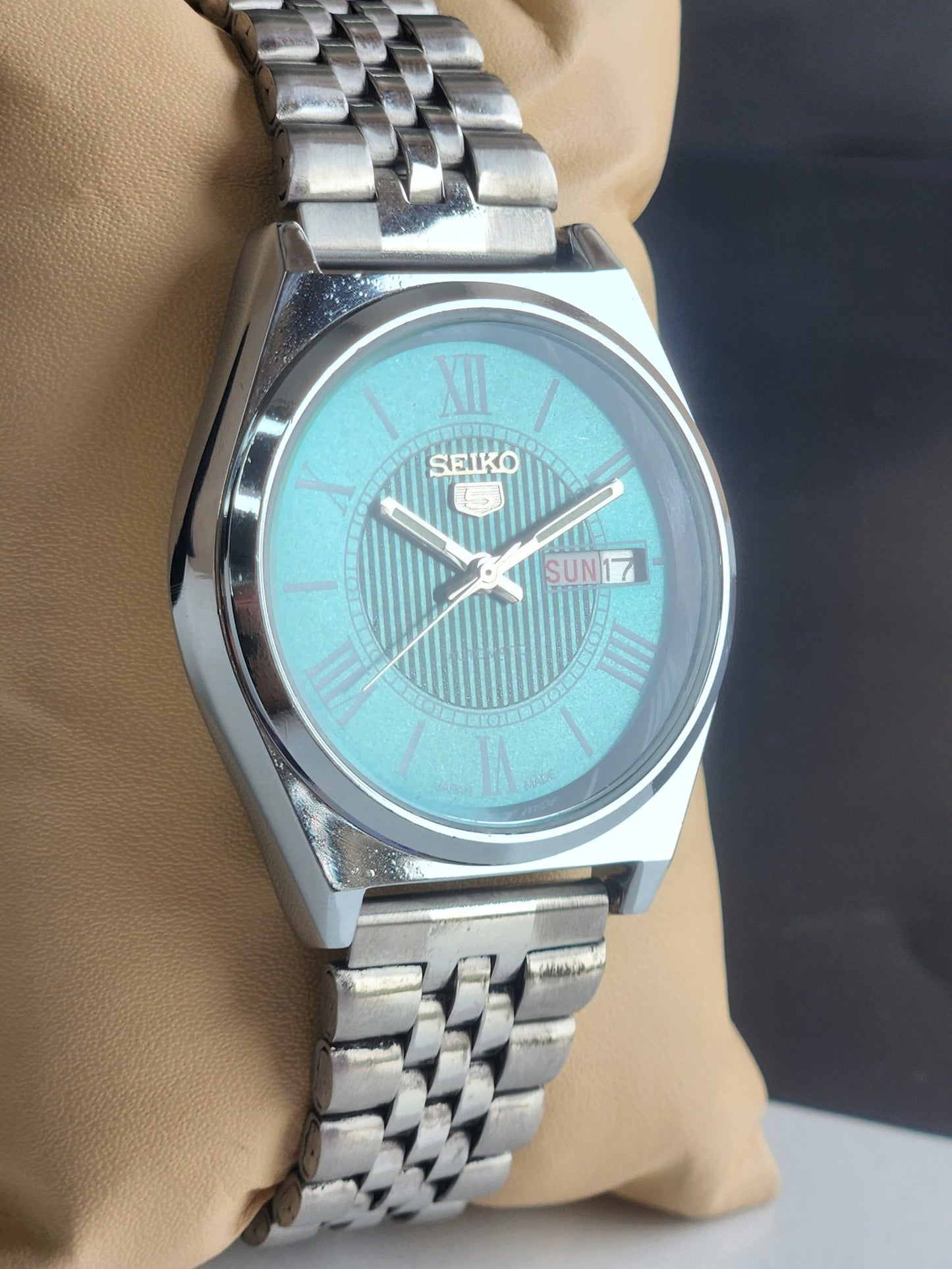Vintage Mod Seiko 5 Automatic 6309A 17 Jewels Japan Men's Day-Date Green Face Wrist Watch E22