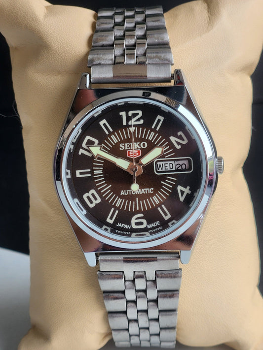 Vintage Mod Seiko 5 Automatic 6309A 17 Jewels Japan Men's Day-Date Brown Face Wrist Watch E23