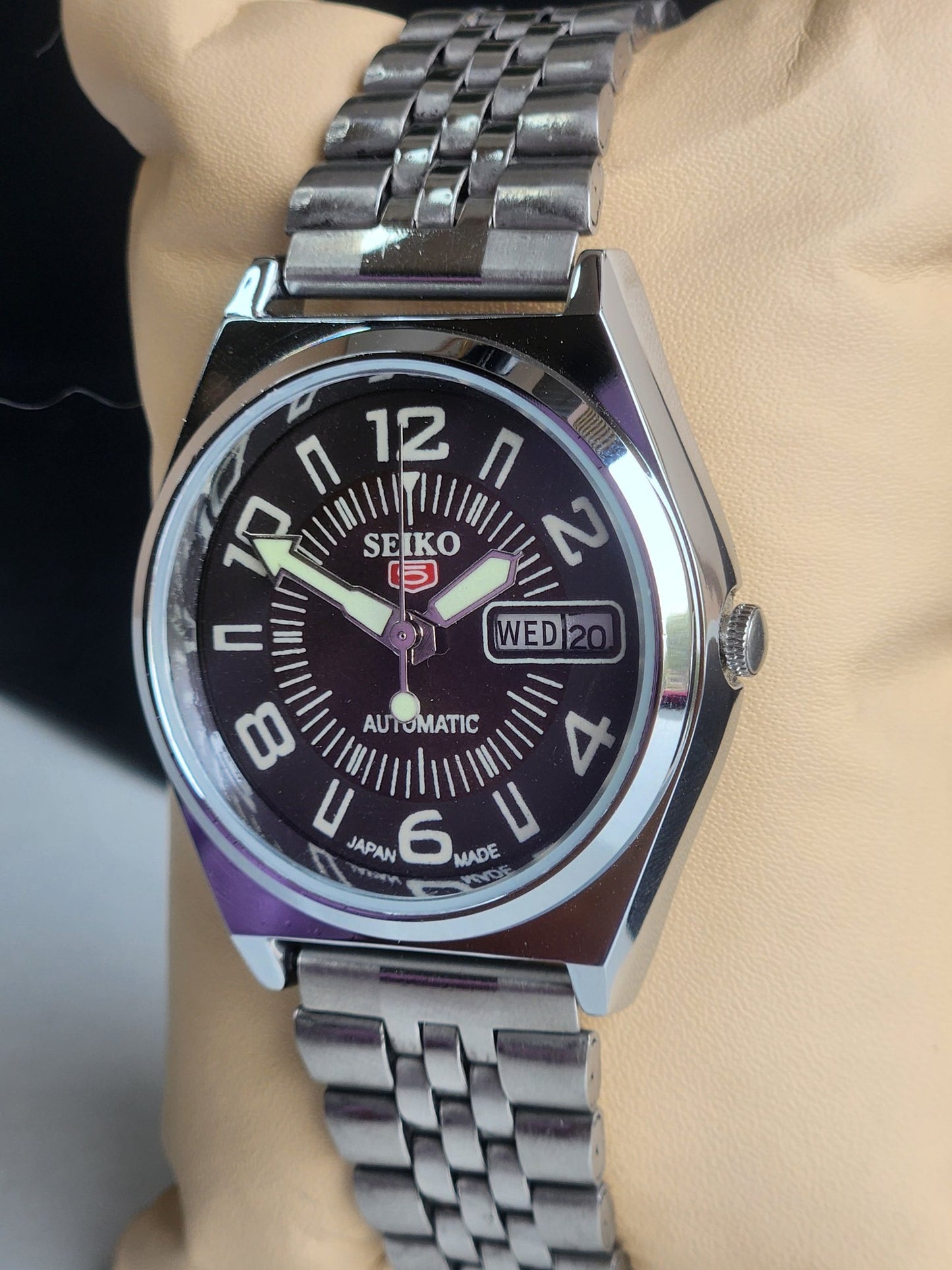 Vintage Mod Seiko 5 Automatic 6309A 17 Jewels Japan Men's Day-Date Brown Face Wrist Watch E23