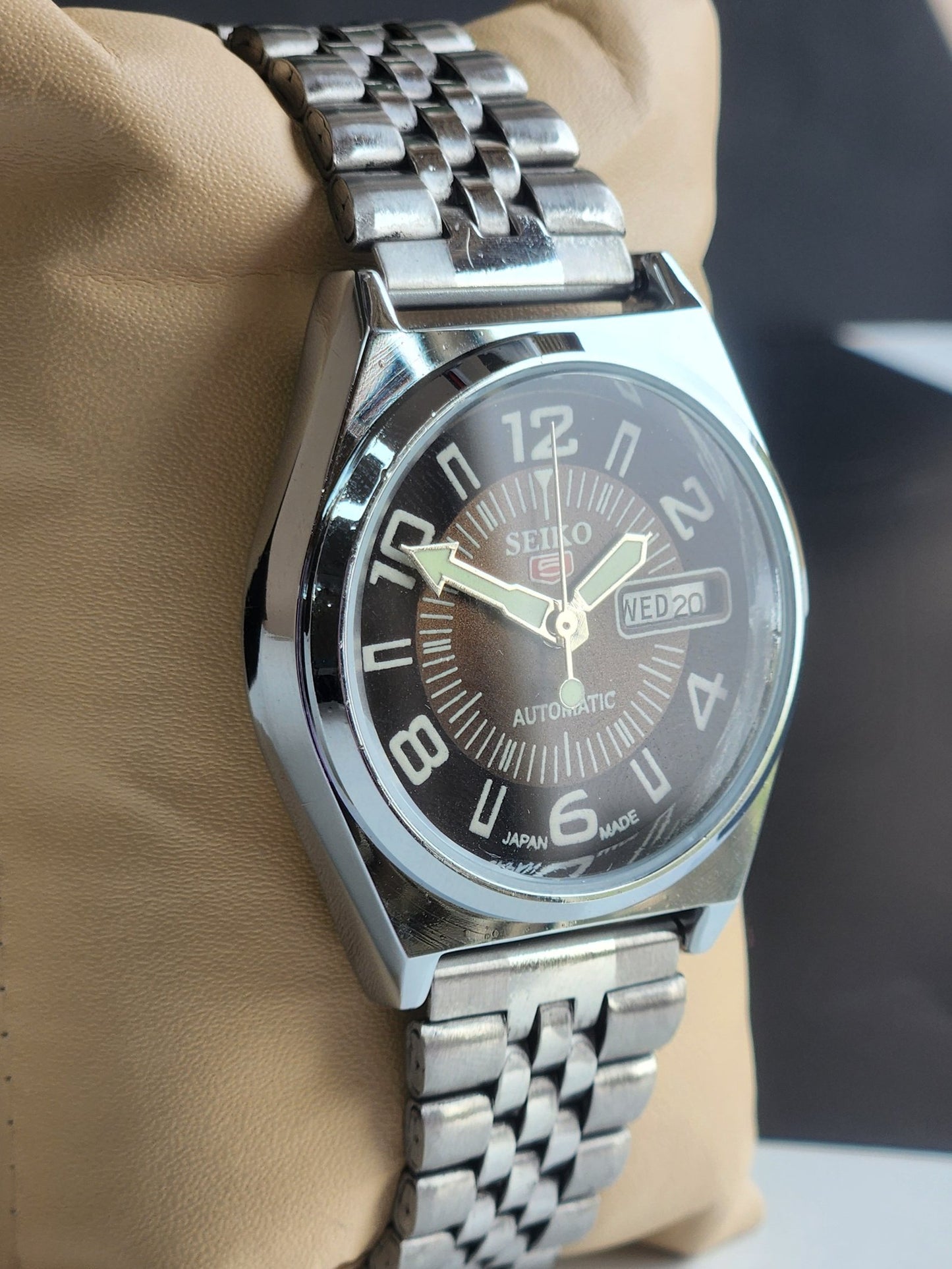 Vintage Mod Seiko 5 Automatic 6309A 17 Jewels Japan Men's Day-Date Brown Face Wrist Watch E23