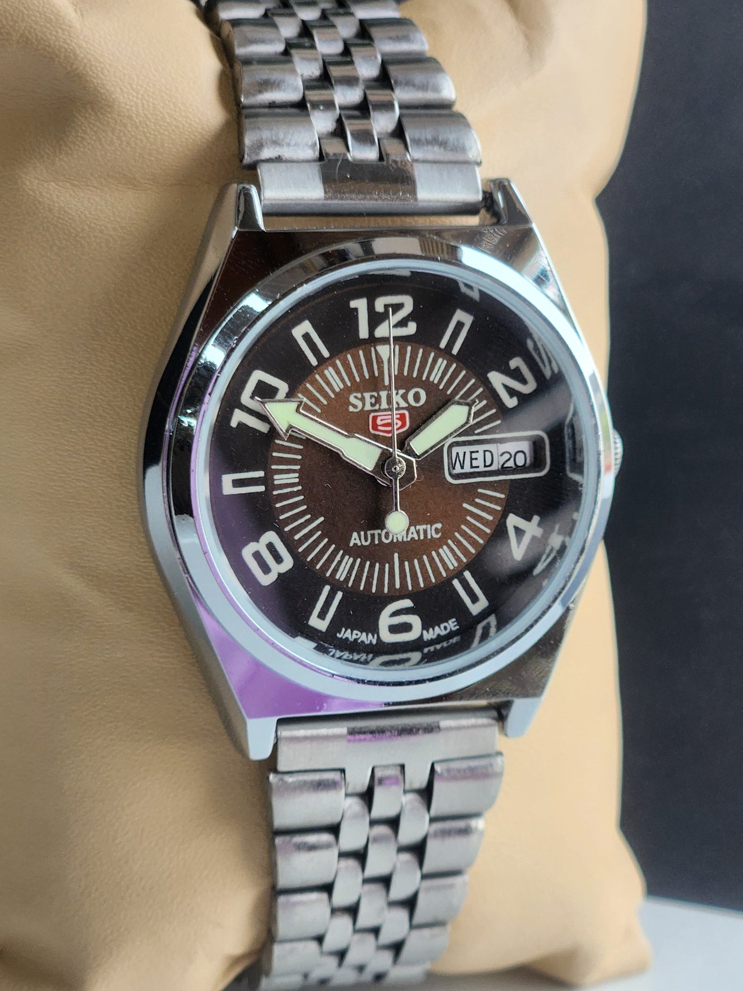 Vintage Mod Seiko 5 Automatic 6309A 17 Jewels Japan Men's Day-Date Brown Face Wrist Watch E23