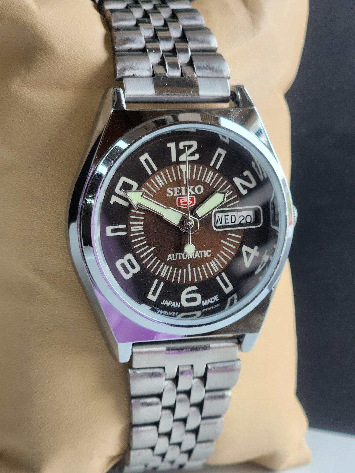 Vintage Mod Seiko 5 Automatic 6309A 17 Jewels Japan Men's Day-Date Brown Face Wrist Watch E23