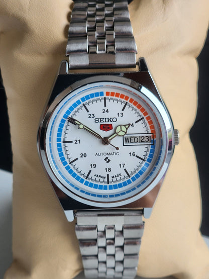 Vintage Mod Seiko 5 Automatic 6309A 17 Jewels Japan Men's Day-Date White Face Wrist Watch E25