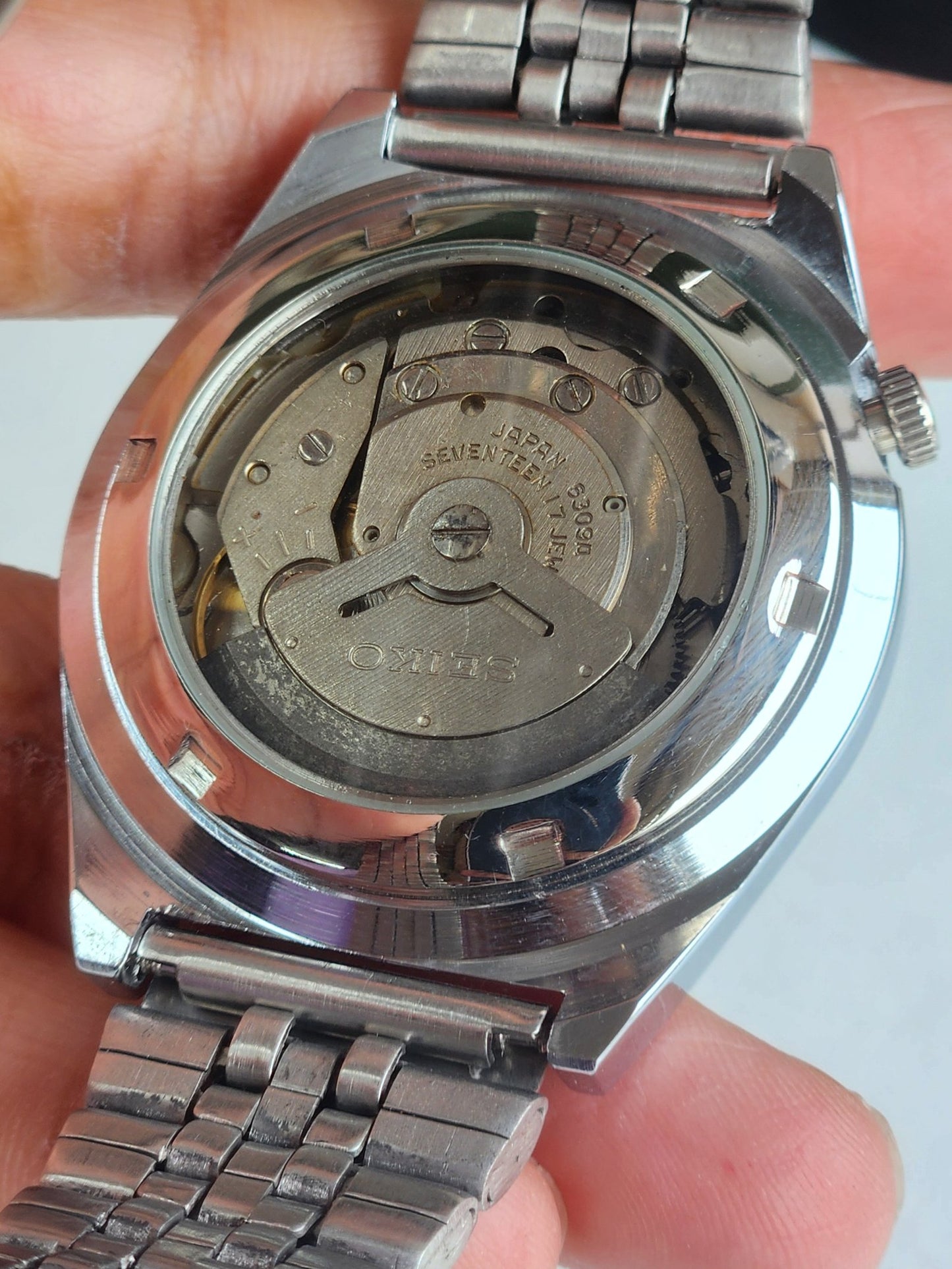 Vintage Mod Seiko 5 Automatic 6309A 17 Jewels Japan Men's Day-Date Silver Face Wrist Watch E26