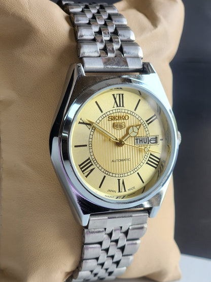 Vintage Mod Seiko 5 Automatic 6309A 17 Jewels Japan Men's Day-Date Golden Face Wrist Watch E29