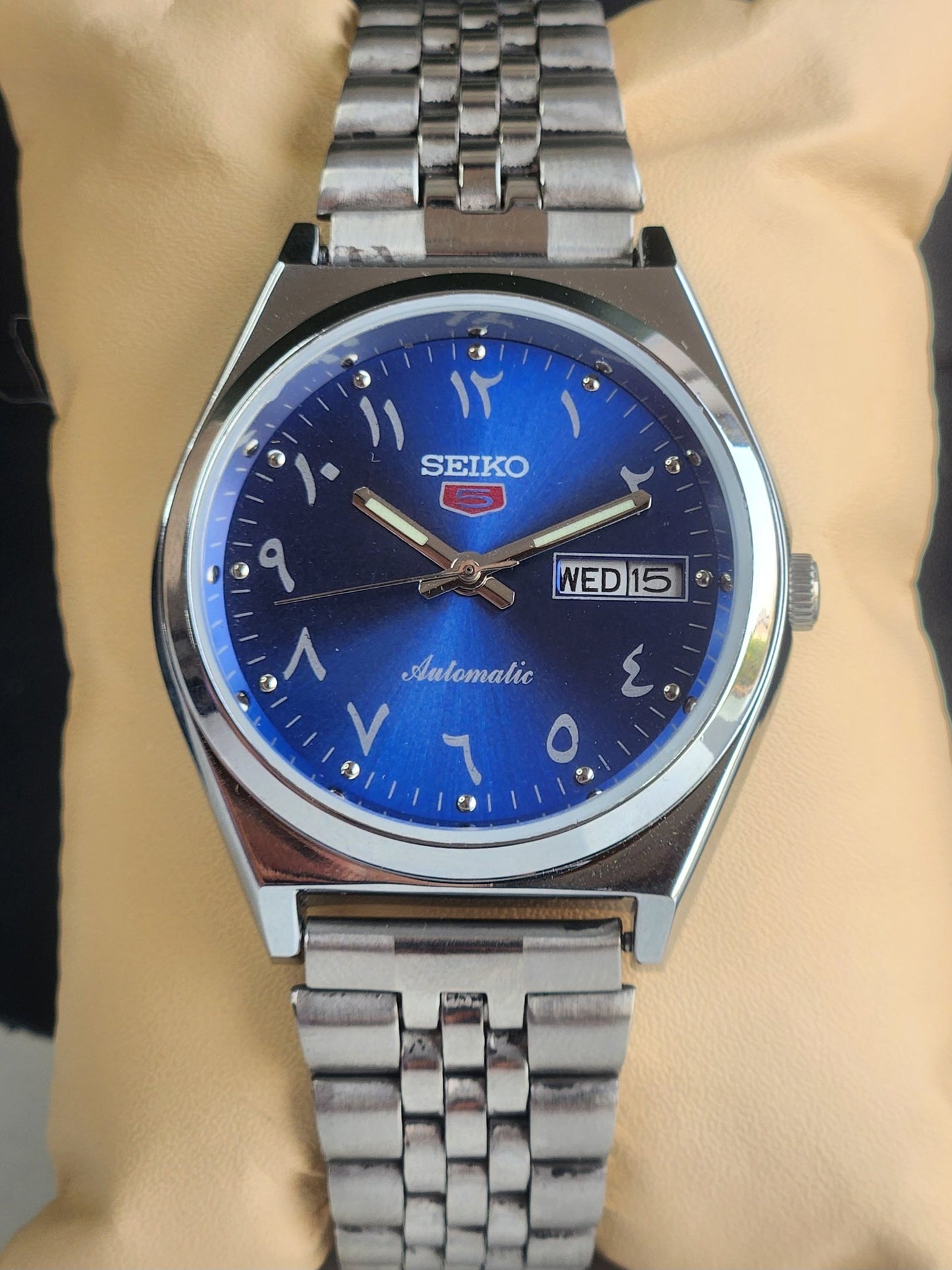 Vintage Mod Seiko 5 Automatic Arabic Blue Face 6309A 17 Jewels Japan Men's Day-Date Wrist Watch E31