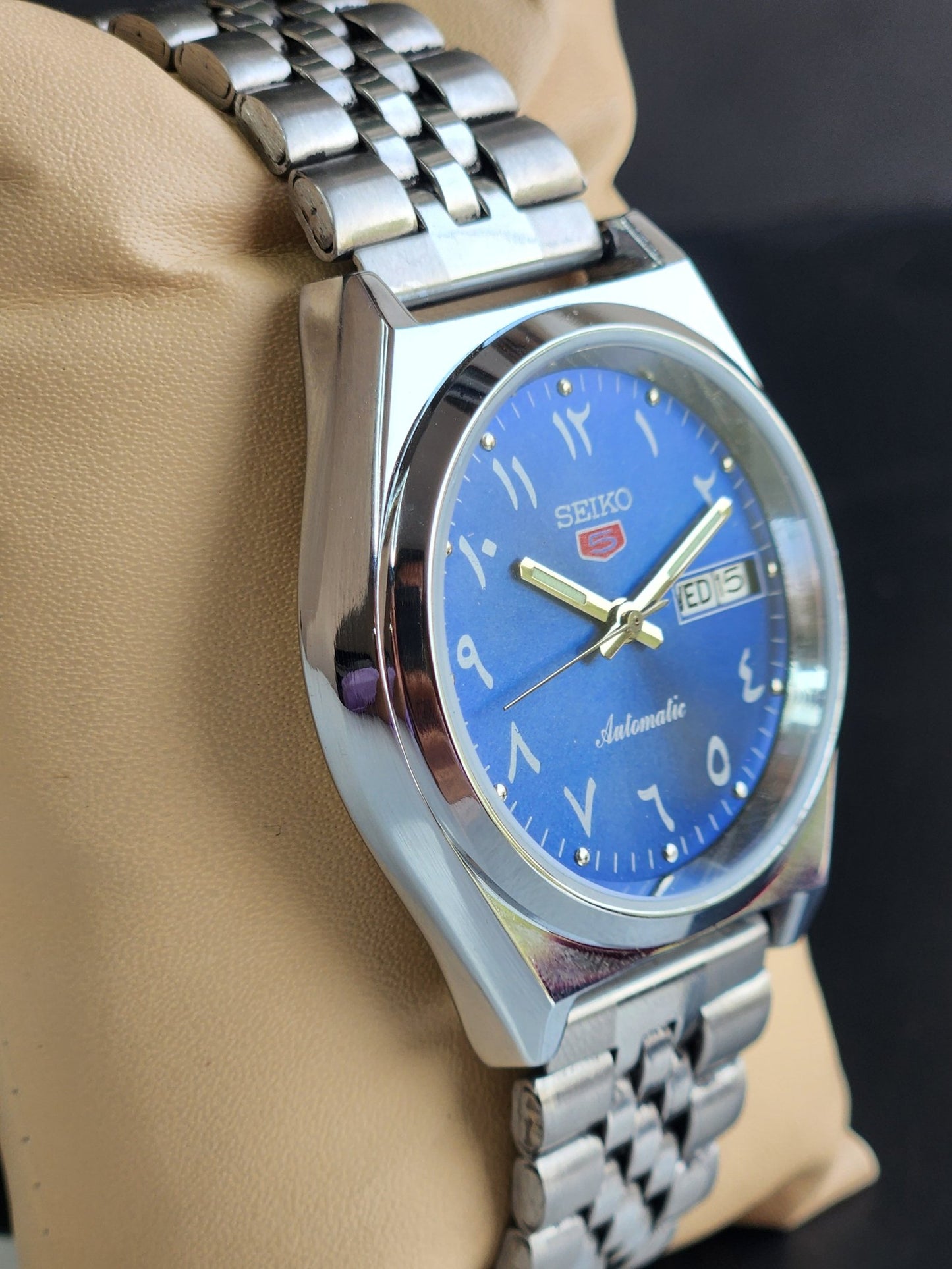 Vintage Mod Seiko 5 Automatic Arabic Blue Face 6309A 17 Jewels Japan Men's Day-Date Wrist Watch E31