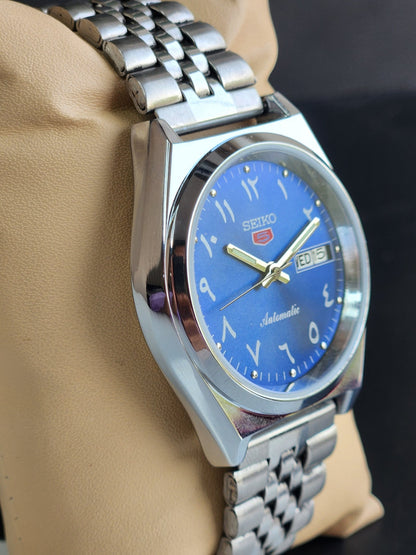 Vintage Mod Seiko 5 Automatic Arabic Blue Face 6309A 17 Jewels Japan Men's Day-Date Wrist Watch E31