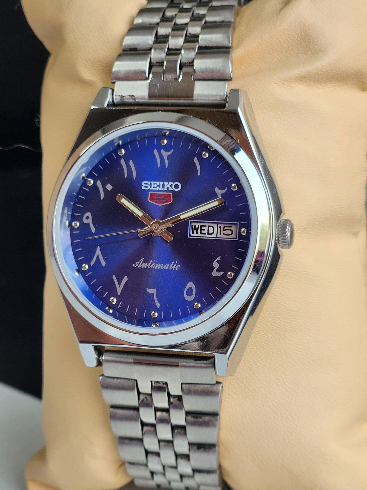 Vintage Mod Seiko 5 Automatic Arabic Blue Face 6309A 17 Jewels Japan Men's Day-Date Wrist Watch E31