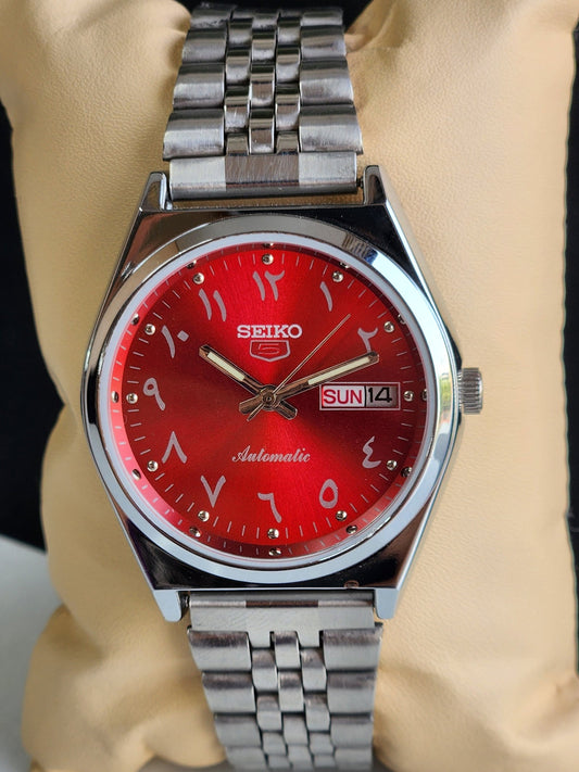 Vintage Mod Seiko 5 Automatic Arabic Red Face 6309A 17 Jewels Japan Men's Day-Date Wrist Watch E32