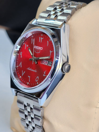 Vintage Mod Seiko 5 Automatic Arabic Red Face 6309A 17 Jewels Japan Men's Day-Date Wrist Watch E32