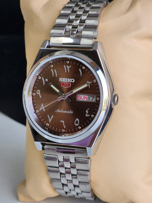 Vintage Mod Seiko 5 Automatic Arabic Brown Face 6309A 17 Jewels Japan Men's Day-Date Wrist Watch E33