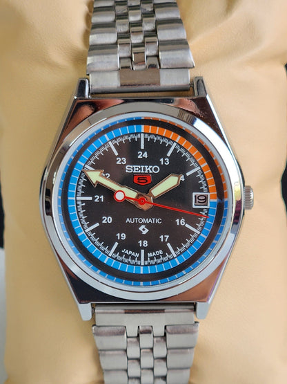 Vintage Mod Seiko 5 Automatic Black Face 6309A 17 Jewels Japan Men's Date Wrist Watch E37