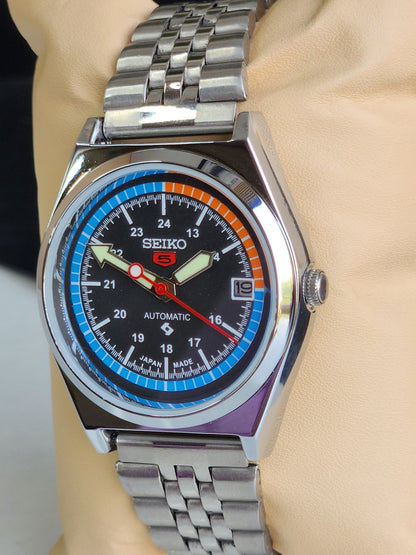 Vintage Mod Seiko 5 Automatic Black Face 6309A 17 Jewels Japan Men's Date Wrist Watch E37