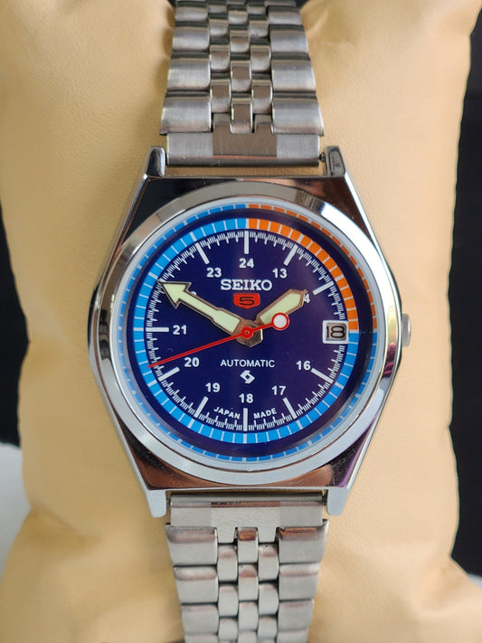 Vintage Mod Seiko 5 Automatic Blue Face 6309A 17 Jewels Japan Men's Date Wrist Watch E40