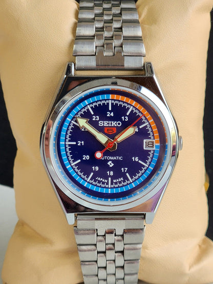 Vintage Mod Seiko 5 Automatic Blue Face 6309A 17 Jewels Japan Men's Date Wrist Watch E40