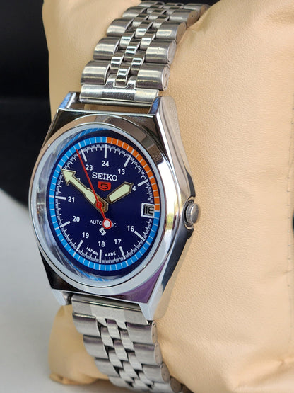 Vintage Mod Seiko 5 Automatic Blue Face 6309A 17 Jewels Japan Men's Date Wrist Watch E40