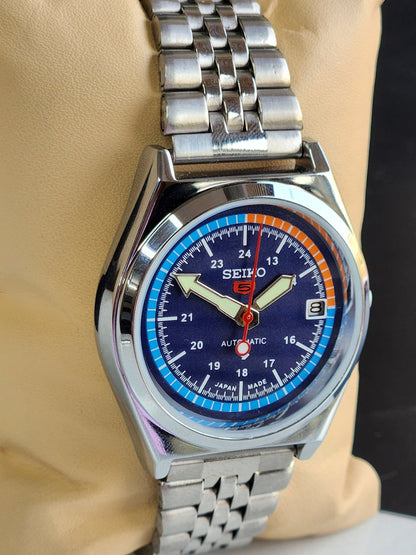 Vintage Mod Seiko 5 Automatic Blue Face 6309A 17 Jewels Japan Men's Date Wrist Watch E40