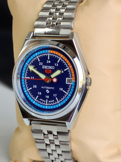 Vintage Mod Seiko 5 Automatic Blue Face 6309A 17 Jewels Japan Men's Date Wrist Watch E40