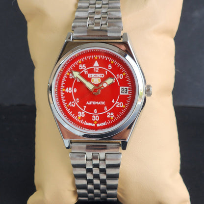 Vintage Mod Seiko 5 Automatic Red Face 6309A 17 Jewels Japan Men's Date Wrist Watch E43