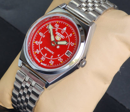 Vintage Mod Seiko 5 Automatic Red Face 6309A 17 Jewels Japan Men's Date Wrist Watch E43