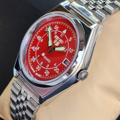 Vintage Mod Seiko 5 Automatic Red Face 6309A 17 Jewels Japan Men's Date Wrist Watch E43