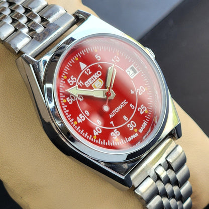 Vintage Mod Seiko 5 Automatic Red Face 6309A 17 Jewels Japan Men's Date Wrist Watch E43