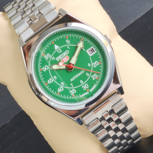 Vintage Mod Seiko 5 Automatic Green Face 6309A 17 Jewels Japan Men's Date Wrist Watch E44