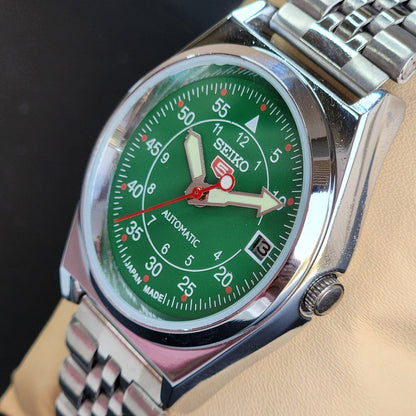 Vintage Mod Seiko 5 Automatic Green Face 6309A 17 Jewels Japan Men's Date Wrist Watch E44