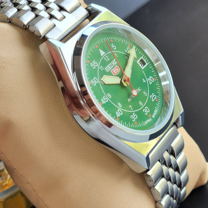 Vintage Mod Seiko 5 Automatic Green Face 6309A 17 Jewels Japan Men's Date Wrist Watch E44