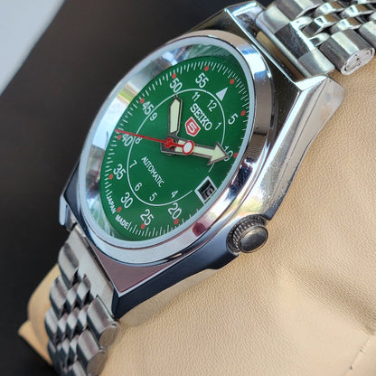 Vintage Mod Seiko 5 Automatic Green Face 6309A 17 Jewels Japan Men's Date Wrist Watch E44