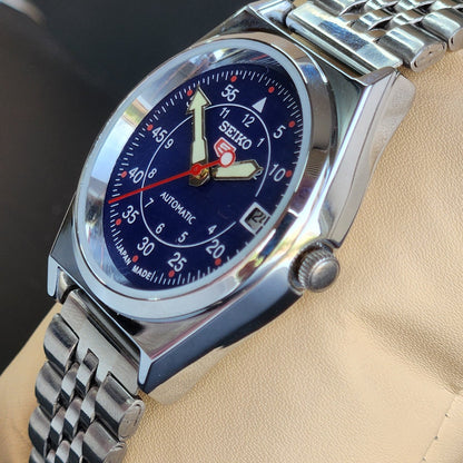 Vintage Mod Seiko 5 Automatic Blue Face 6309A 17 Jewels Japan Men's Date Wrist Watch E45
