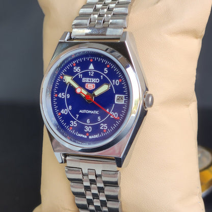 Vintage Mod Seiko 5 Automatic Blue Face 6309A 17 Jewels Japan Men's Date Wrist Watch E45