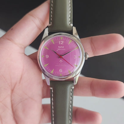 Vintage HMT Jawan Hand Winding 17 Jewels Purple Face Green Leather Strap Men's Wrist Watch J38
