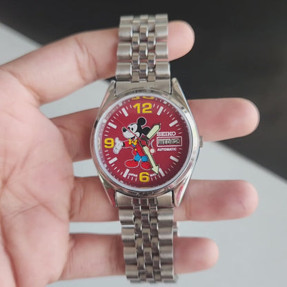 Vintage MOD Seiko 5 Automatic 23 Jewels Cal.6349 Red Face Repainted Mickey Mouse Jubilee Bracelet Men's Wrist Watch J50
