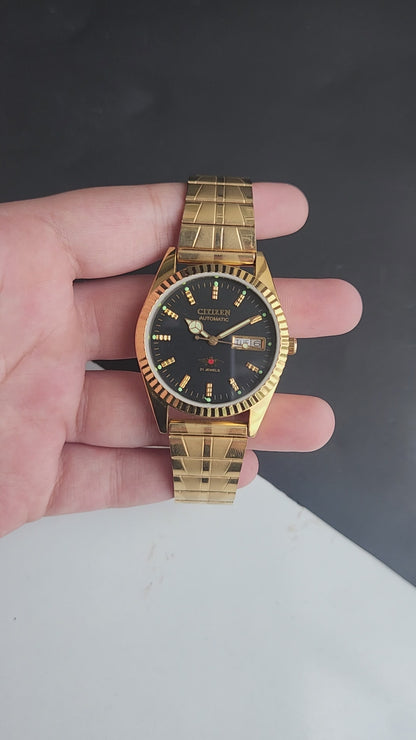 Vintage MOD Citizen Black Face Automatic 21 Jewels Cal. 8200 35MM Fix Bezel Gold Plated Men's Wrist Watch I89