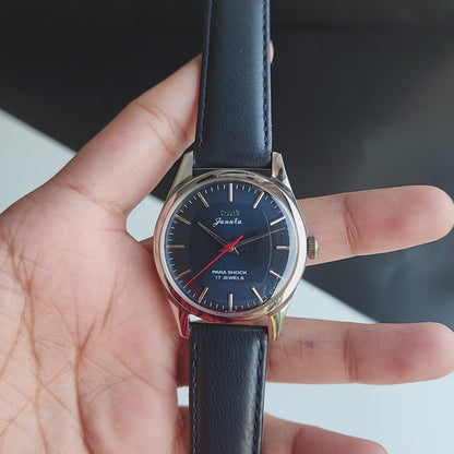 Vintage MOD HMT Janata Hand Winding 17 Jewels Blue Face Blue Leather Strap Men's Wrist Watch J20