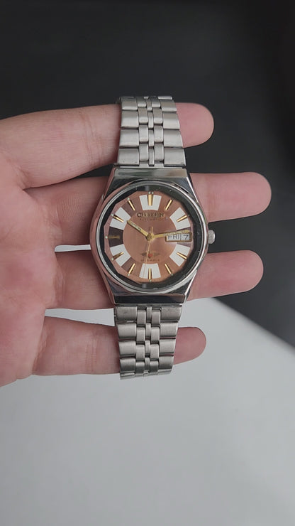 Vintage Original Citizen Automatic 8200 Brown Face 21 Jewels With Exhibition Back Day-Date Japanese Men's Wrist Watch IN43