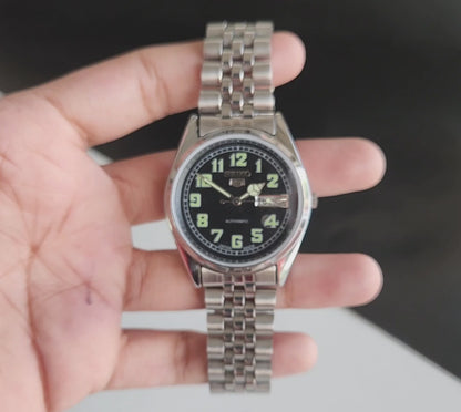 Vintage MOD Seiko 5 Automatic 17 Jewels Cal.6309 Black Face Jubilee Bracelet Men's Wrist Watch J61