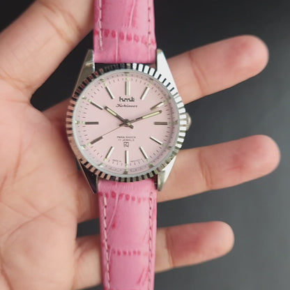 Vintage MOD HMT Kohinoor Hand Winding 17 Jewels Pink Face Pink Leather Strap Men's Wrist Watch K20